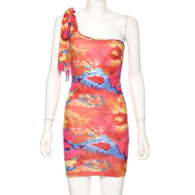 Tie Dye Dress - Mini One Shoulder Tie Dye Dress - MomyMall