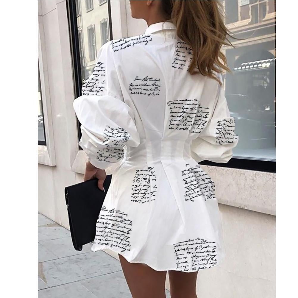 Letter Print Button Up Shirt Dress - Turn Down Collar - Mini Dress