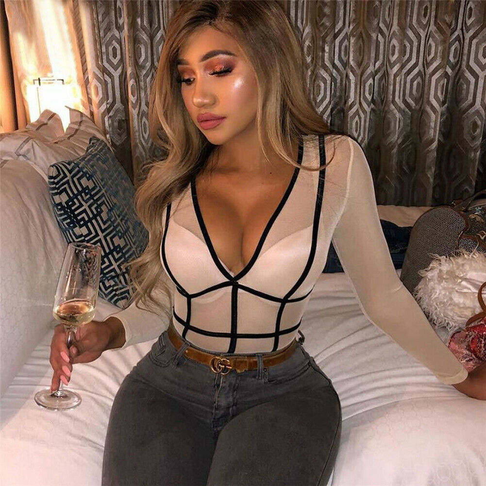 Sheer Mesh Lace Striped Print Long Sleeve Top Bodysuit - MomyMall