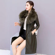 Long Faux Leather Coat with Faux Fur Collar and Suede Lining
