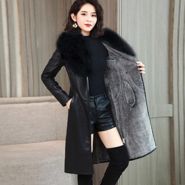 Long Faux Leather Coat with Faux Fur Collar and Suede Lining