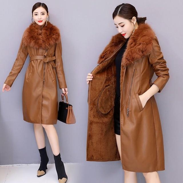 Long Faux Leather Coat with Faux Fur Collar and Suede Lining