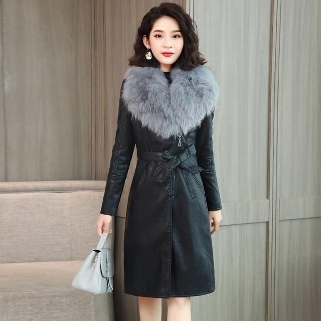 Long Faux Leather Coat with Faux Fur Collar and Suede Lining