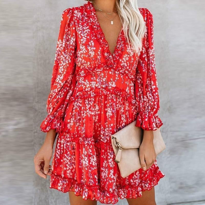 Lantern Sleeve Ruffle Mini Dress - Tiered Effect Summer Dress