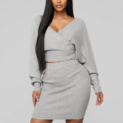 Knit 2 Piece V-Neck Top And Skirt - Off Shoulder