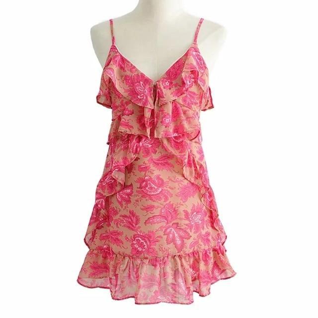 Summer Floral V-neck Mini Dress With Ruffles - MomyMall RED / S