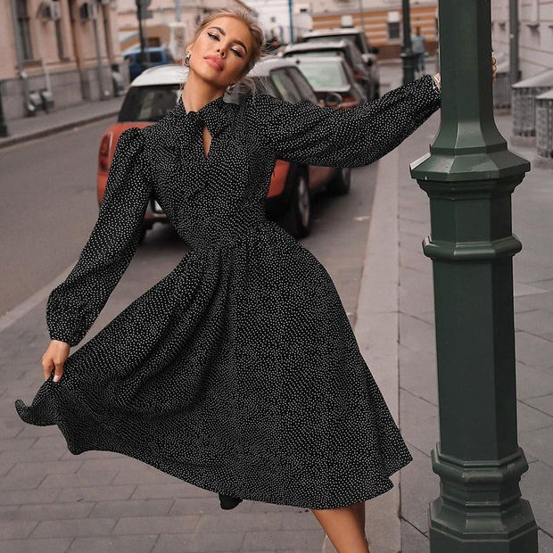 Polka Dot Midi Dress - Skater Dress With Long Sleeves - MomyMall