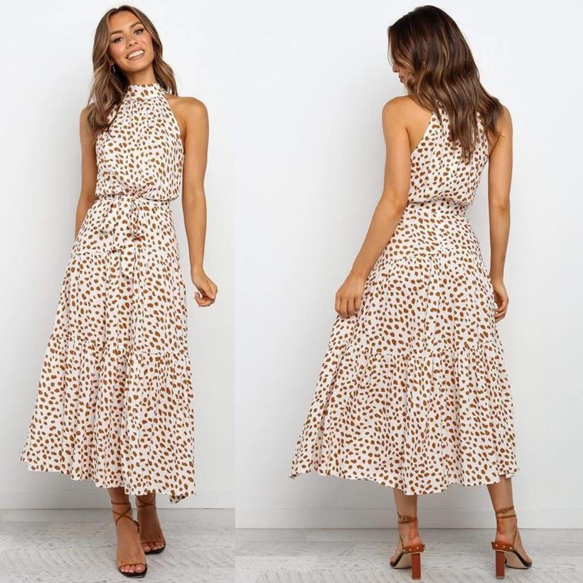 High Neck Polka Dot Summer Midi Dress - Tiered Sleeveless Dress