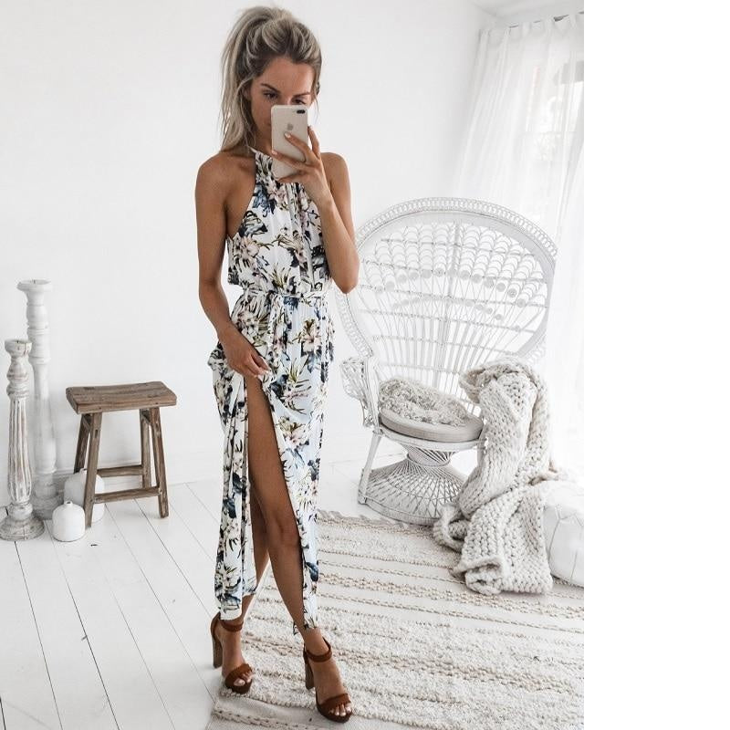 Floral Print Maxi Dress - Split Asymmetrical Maxi