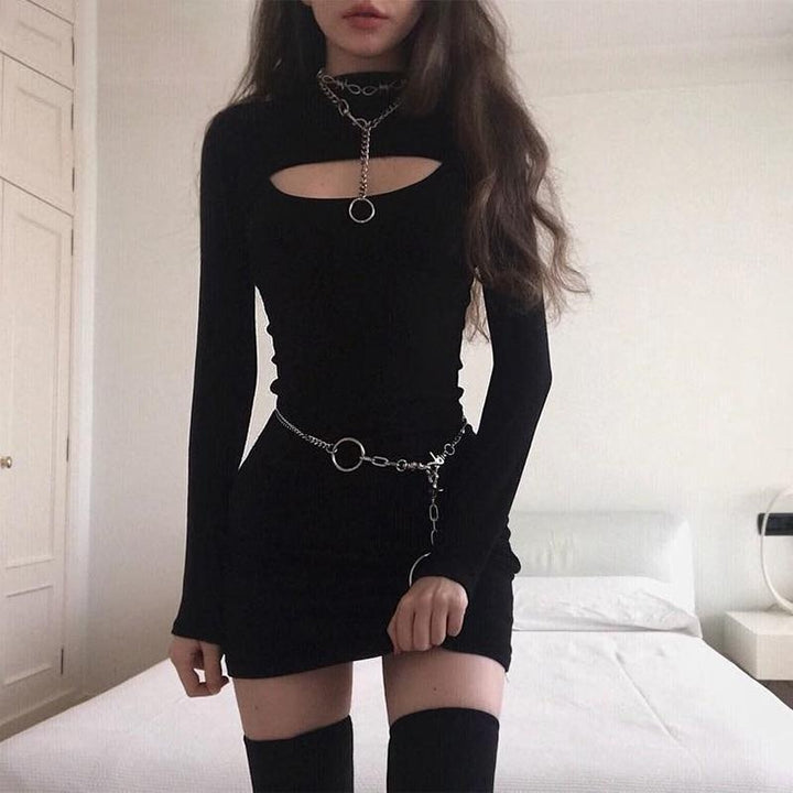 Basic Long Sleeve Cut Out Mini Dress - MomyMall BLACK / S