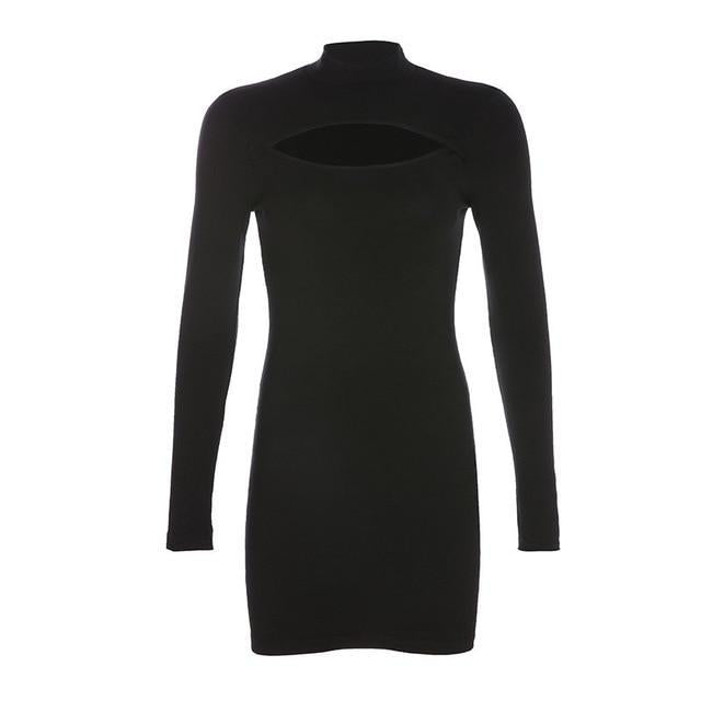 Basic Long Sleeve Cut Out Mini Dress - MomyMall