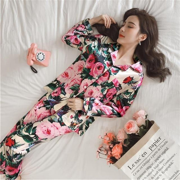 Satin Pyjama Set - Floral PJ Trouser Set - MomyMall GREEN/PINK / S