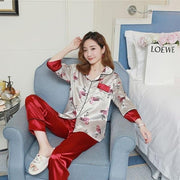 Satin Pyjama Set - Floral PJ Trouser Set - MomyMall WHITE/RED / S
