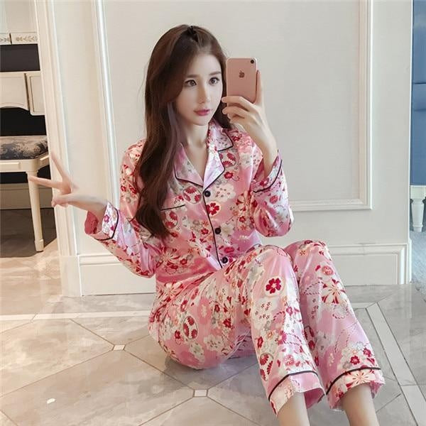 Satin Pyjama Set - Floral PJ Trouser Set - MomyMall PINK/RED / S