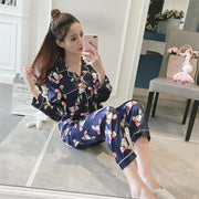 Satin Pyjama Set - Floral PJ Trouser Set - MomyMall DARK BLUE / S