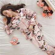 Satin Pyjama Set - Floral PJ Trouser Set - MomyMall LIGHT PINK/GREEN / S