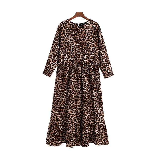 Leopard Print Midi Dress - 3/4 Sleeve Dress With Ruffle Hem