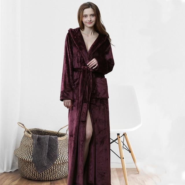 Hood Plus Size Flannel robe Hooded extra Long Warm Bathrobe - MomyMall BROWN / M