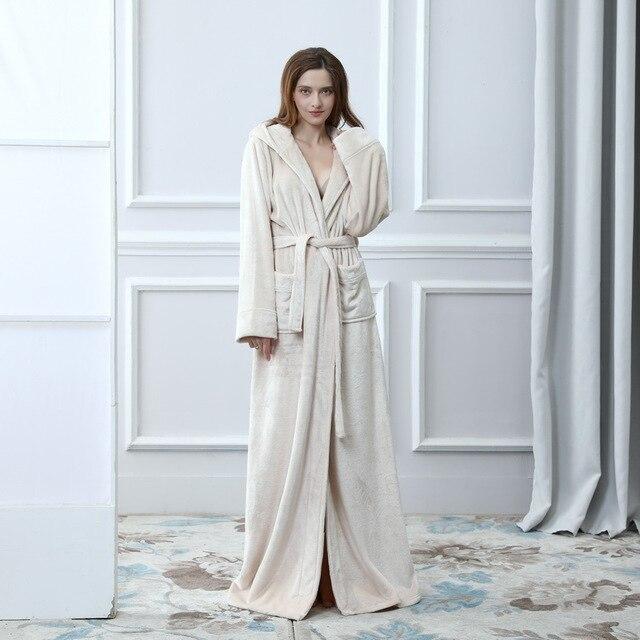 Hood Plus Size Flannel robe Hooded extra Long Warm Bathrobe - MomyMall BEIGE / M
