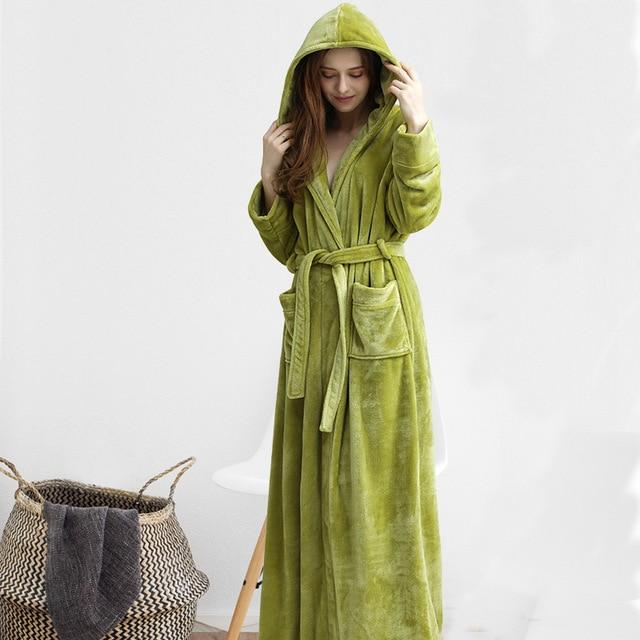 Hood Plus Size Flannel robe Hooded extra Long Warm Bathrobe - MomyMall GREEN / M