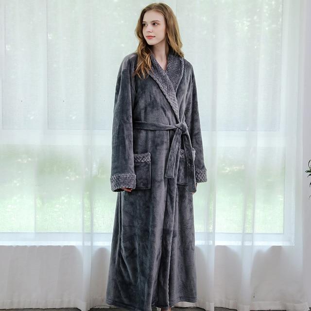 Long Fleece Bathrobe with Textured Collar Cuffs and Belt