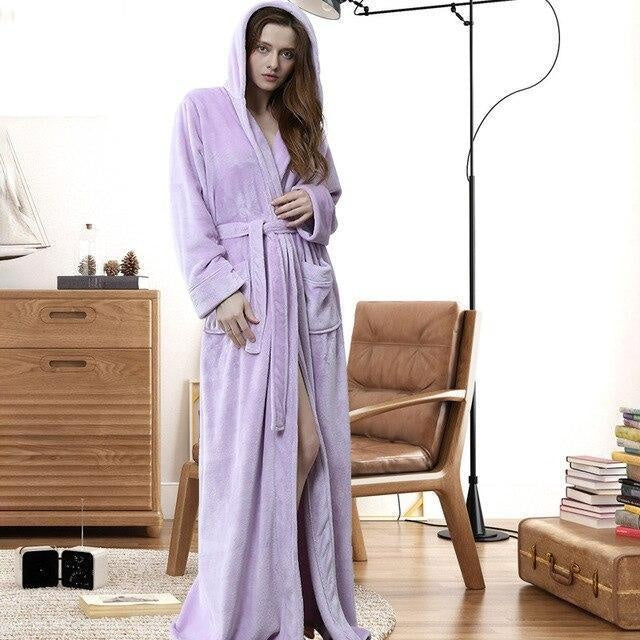 Hood Plus Size Flannel robe Hooded extra Long Warm Bathrobe - MomyMall PURPLE / M