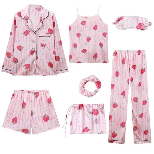 Silk 7 Piece Pyjama Set - Sleepwear - Floral - MomyMall PINK / S