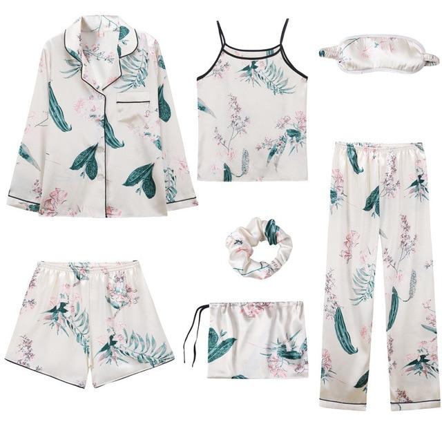Silk 7 Piece Pyjama Set - Sleepwear - Floral - MomyMall WHITE/GREEN/BLACK / S