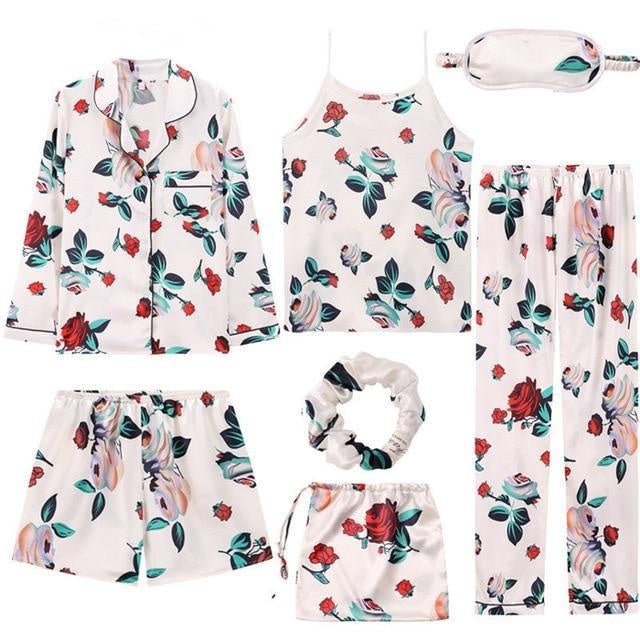 Silk 7 Piece Pyjama Set - Sleepwear - Floral - MomyMall