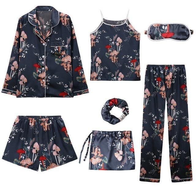 Silk 7 Piece Pyjama Set - Sleepwear - Floral - MomyMall BLUE / S