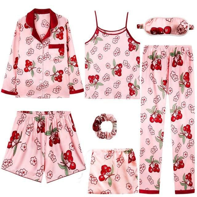 Silk 7 Piece Pyjama Set - Sleepwear - Floral - MomyMall