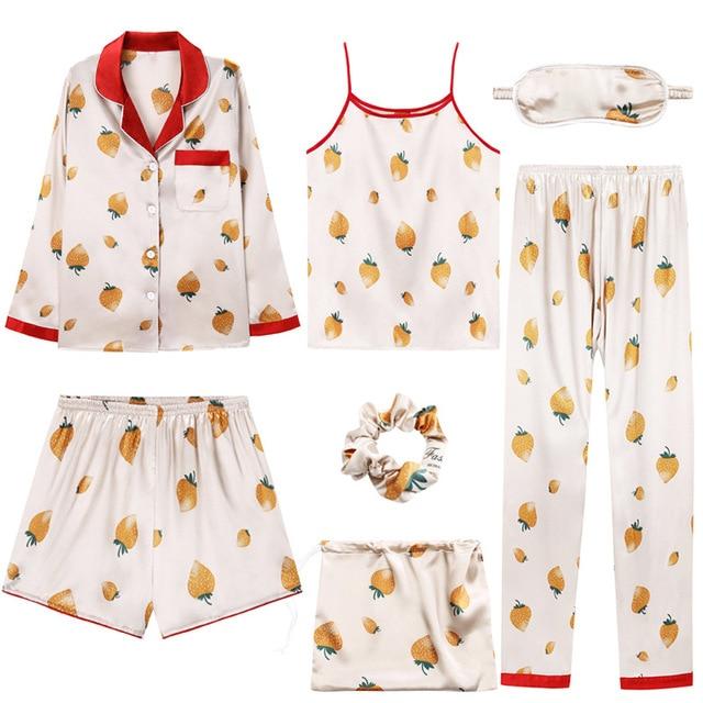 Silk 7 Piece Pyjama Set - Sleepwear - Floral - MomyMall WHITE/YELLOW/RED / S
