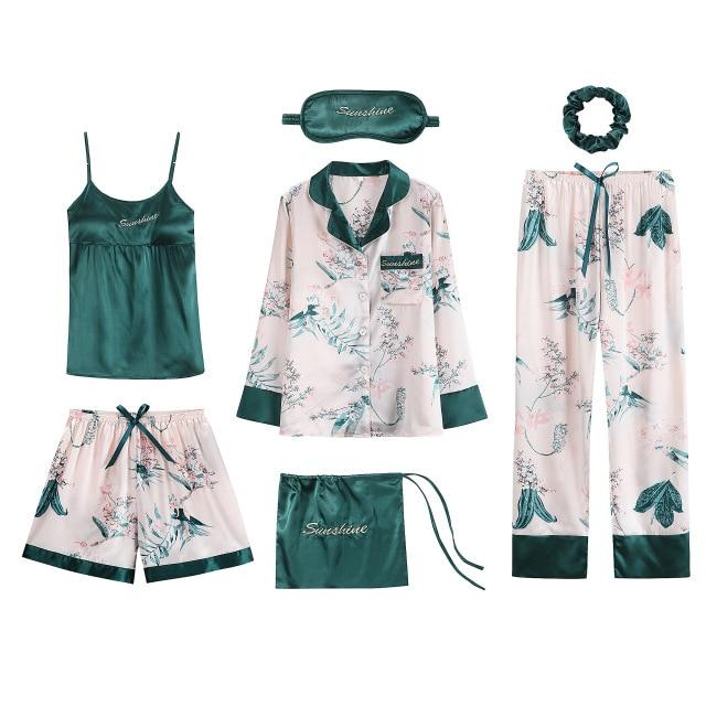 Silk 7 Piece Pyjama Set - Sleepwear - Floral - MomyMall WHITE/DARK GREEN / S