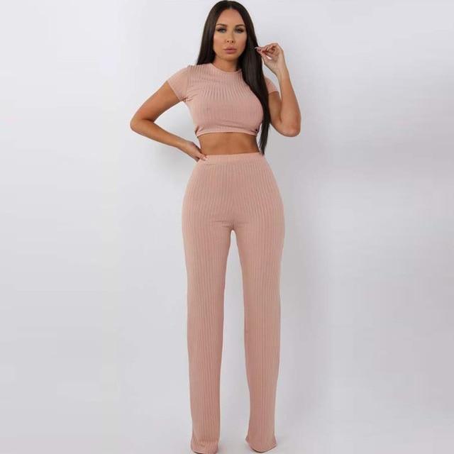 Trouser Loungewear Set - 2 Two Piece Loungewear Short Sleeve Top - MomyMall PINK / S