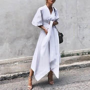 Plus Size Asymmetrical Midi Dress - 3/4 Sleeves With Tie Front Belt - MomyMall WHITE / S