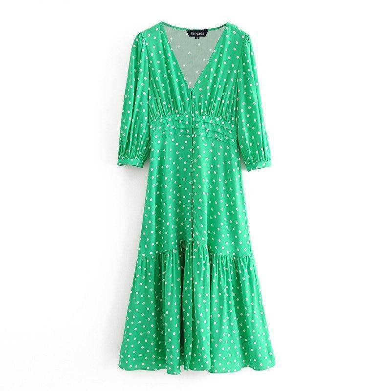 Polka Knee Length Summer Dress With Ruffle Hem - MomyMall GREEN / XS