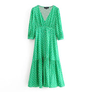 Polka Knee Length Summer Dress With Ruffle Hem - MomyMall GREEN / XS