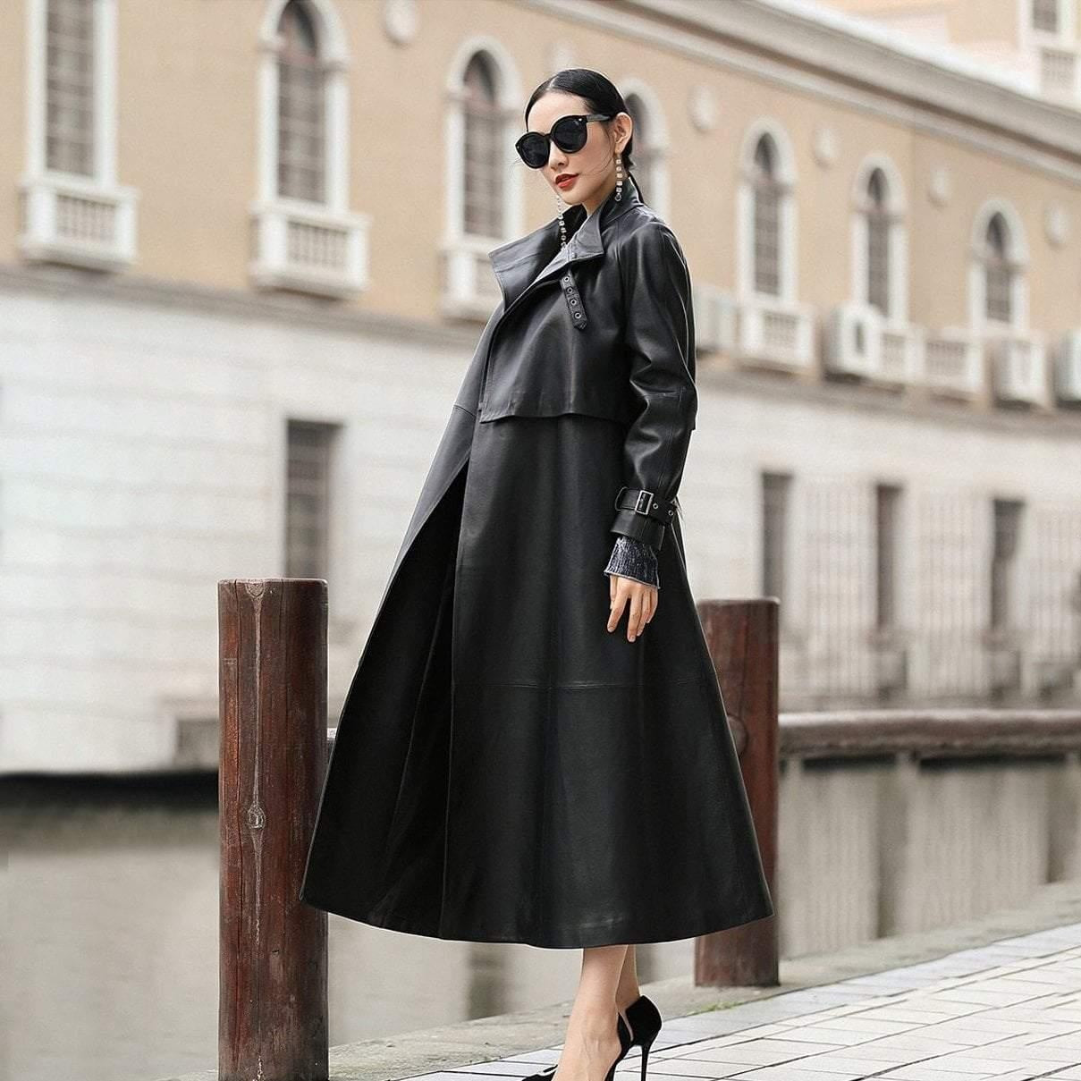 Belted Long Faux Leather Trench Coat With High Collar