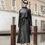 Belted Long Faux Leather Trench Coat With High Collar