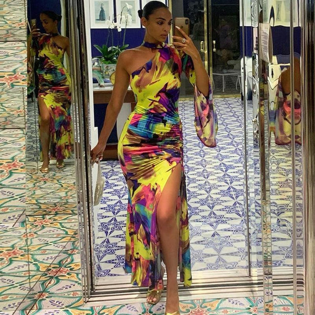Colourful Halter Neck Bodycon Dress - One Shoulder by MomyMall Colourful Halter Neck Bodycon Dress - One Shoulder by MomyMall