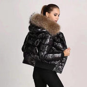 Wet Look Puffer Jacket - Glossy Coat With Faux Fur Hood