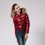 Wet Look Puffer Jacket - Glossy Coat With Faux Fur Hood