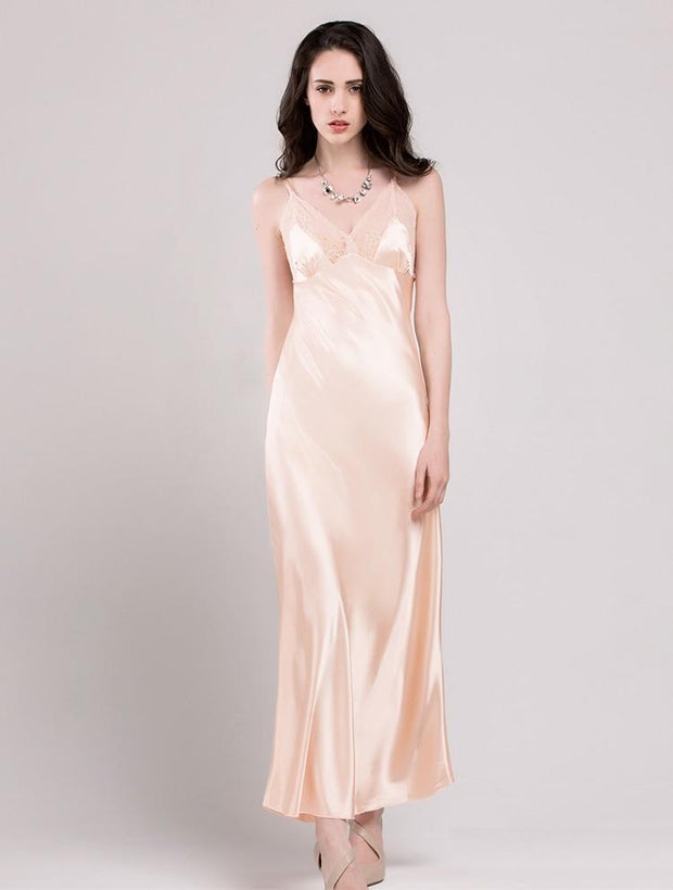 Satin Lace Trim Night Dress Set - Maxi Nightgown and Satin Robe - MomyMall