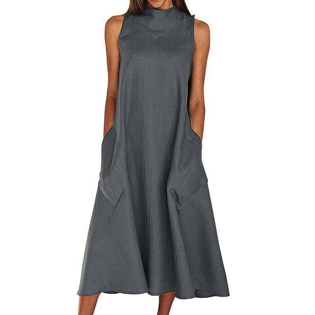 Sleeveless Maxi Dress With Pockets - MomyMall GREY / S