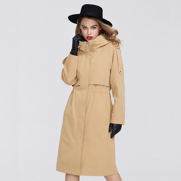 Hooded Trench Coat With Drawstring Waist - MomyMall BROWN / S