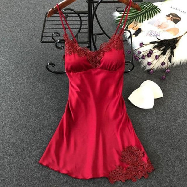 Sexy Mini Satin Night Dress With Lace Trim - MomyMall RED / S