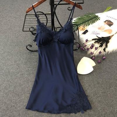Sexy Mini Satin Night Dress With Lace Trim - MomyMall BLUE / S