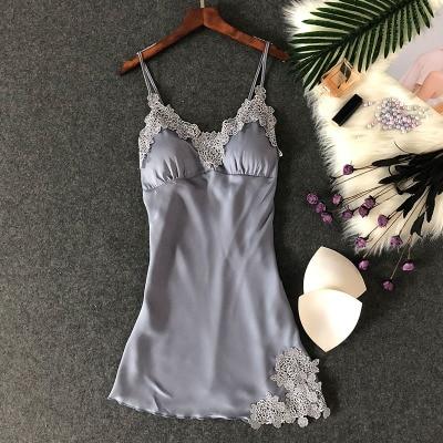 Sexy Mini Satin Night Dress With Lace Trim - MomyMall GREY / S