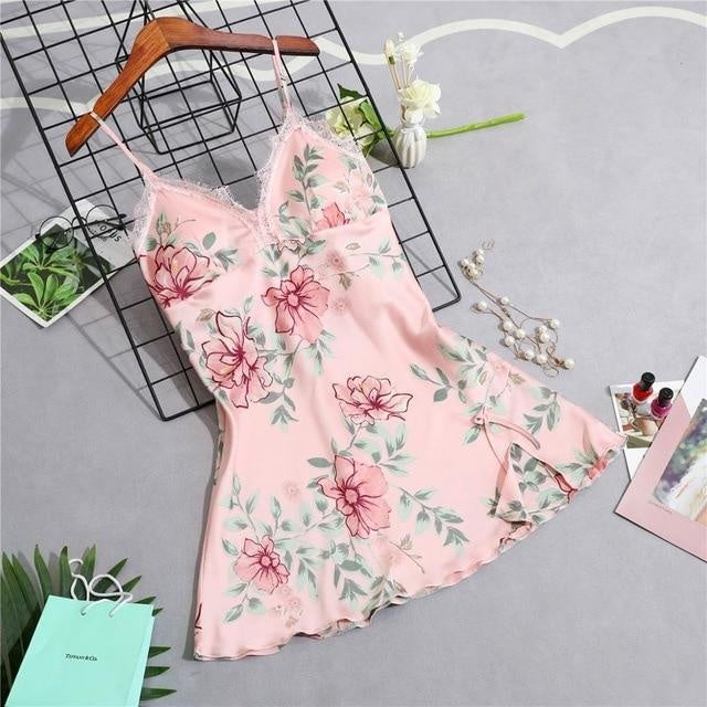 Floral Satin Mini Night Dress With Lace Trim - MomyMall PINK / S