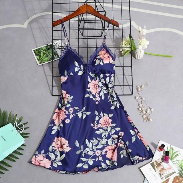 Floral Satin Mini Night Dress With Lace Trim - MomyMall BLUE / S